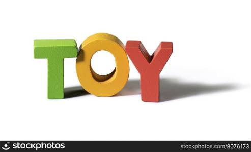 Multicolored text toy made of wood. White background
