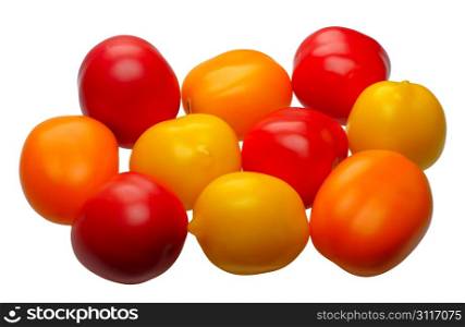 Multicolored tomatoes, isolated on a white background