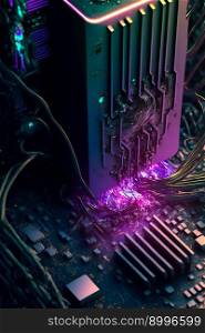Multicoloured futuristic CPU and processor.  Image created with Generative AI technology