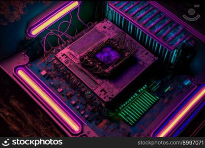 Multicoloured futuristic CPU and processor.  Image created with Generative AI technology