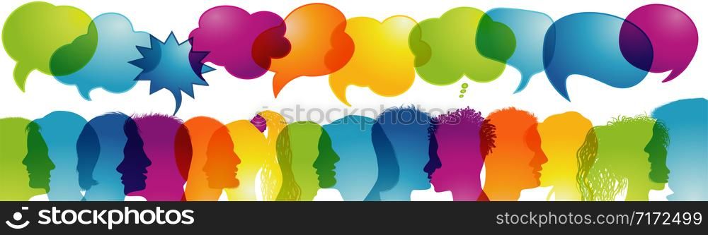 Multicultural communication.Speech bubble.Dialogue group diverse multiethnic people.Speak.Sharing ideas - thoughts.Communicating talking.Social network.Socializing and informing.Rainbow colors