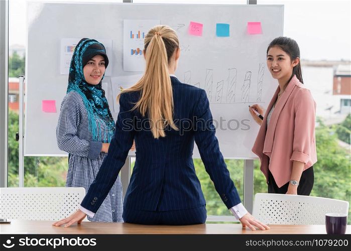 Multicultural working group. Team of businesswomen of different ethnicity, Caucasian, Asian and Arabic working together in team meeting at office. Multiethnic teamwork concept.