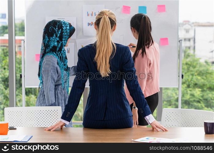 Multicultural working group. Team of businesswomen of different ethnicity, Caucasian, Asian and Arabic working together in team meeting at office. Multiethnic teamwork concept.