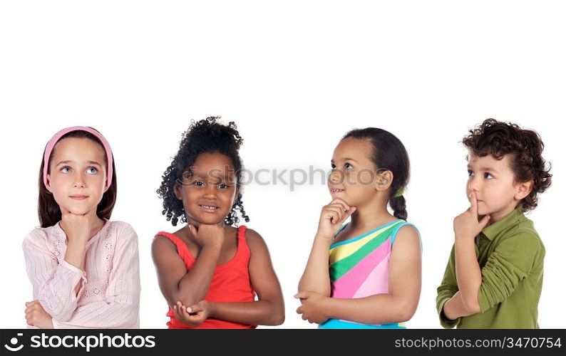 multiethnic group of children thinking a over white background