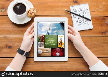 multimedia, business, education, technology and people concept - close up of woman with internet news application on tablet pc computer screen and coffee on wooden table