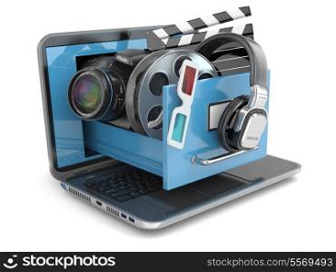 Multimedia concept. Laptop, camera , headphones and video attributes. 3d