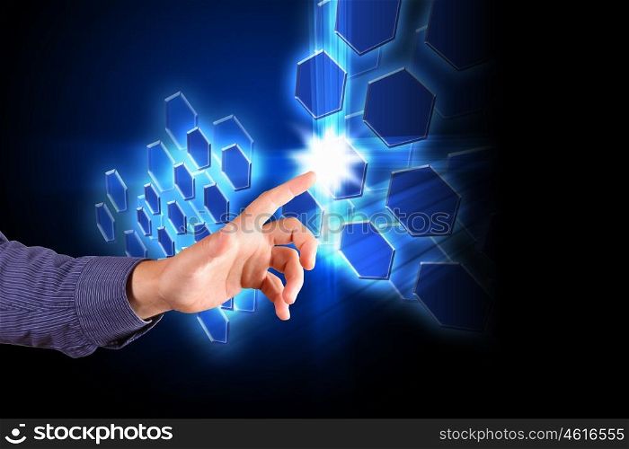 Multimedia digital virtual screen and human hand touching it