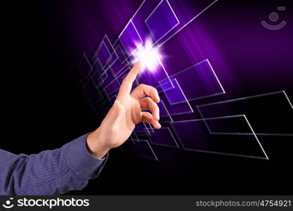 Multimedia digital virtual screen and human hand touching it