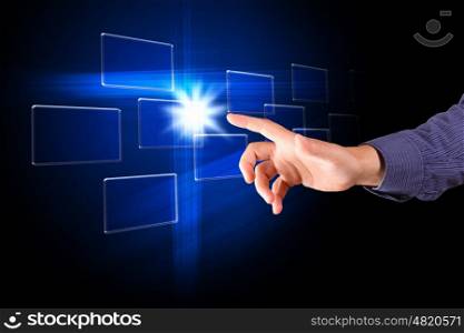 Multimedia digital virtual screen and human hand touching it