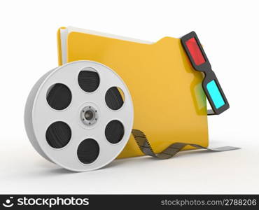 Multimedia folder. Film reel and 3d glasses on white background..