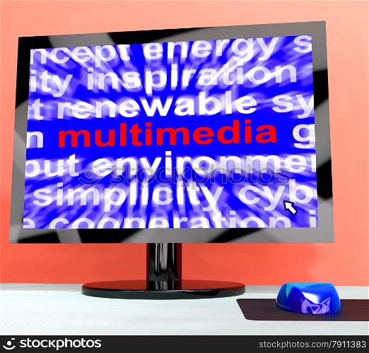 Multimedia Word On Computer Showing Digital Technology For Movies. Multimedia Word On Computer Shows Digital Technology For Movies
