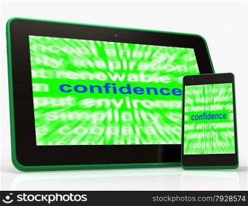 Multimedia Word Showing Digital Technology For Movies And Broadcasting. Confidence Tablet Showing Self-Assurance Composure And Belief