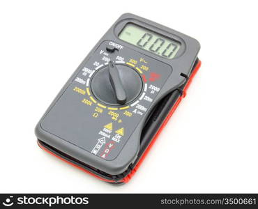 Multimeter of black color with a red and black wire on a white background