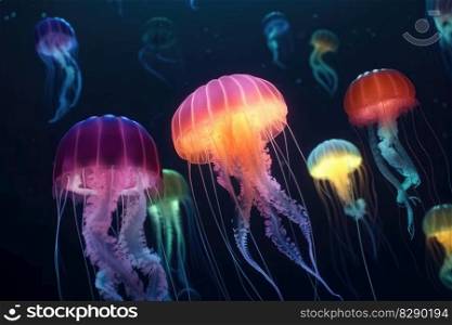 Multiple brightly coloured jellyfish in the depths of the ocean with lightbeams from above created with generative AI technology