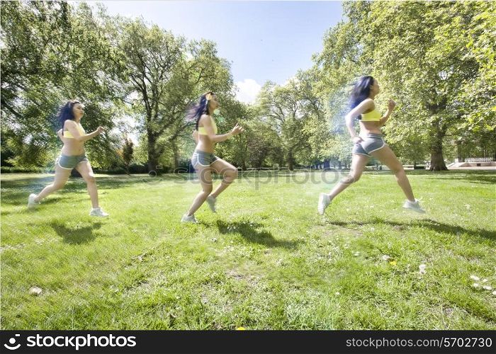Multiple image of young fit woman jogging at park