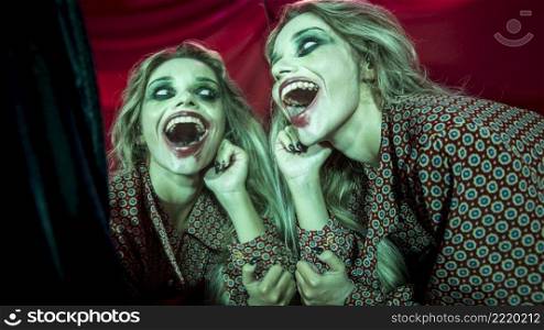 multiple mirror effect woman having creepy laugh