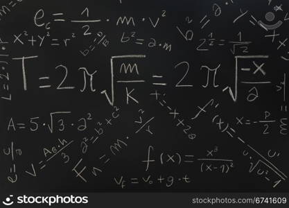 Multiple physical formulas written on a blackboard