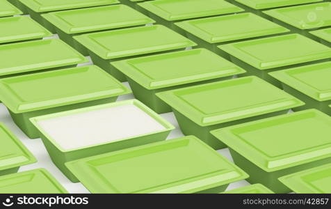 Multiple rows of plastic containers for cream cheese, margarine or butter