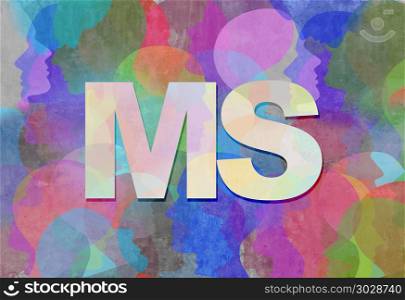 Multiple Sclerosis MS as a neurological disorder abstract symbol as text with people representing the patients of this nervous system disease in a 3D illustration style.. Multiple Sclerosis MS