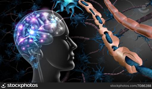 Multiple sclerosis nerve disorder and damaged myelin or MS autoimmune disease with healthy nerve with exposed fibre with scarrred cell sheath loss with 3D illustration elements.
