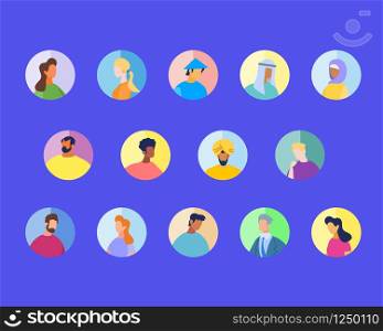 Multiracial and International People Characters in Round Icons Isolated on Blue Background. Men and Women of Different Ages, Images, Religious and Culture Avatars. Cartoon Flat Vector Illustration.. Multiracial and International People in Round Icon
