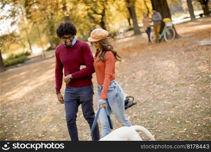 Multiracial couple walking with dog in yellow autumn park