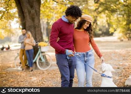 Multiracial couple walking with dog in yellow autumn park