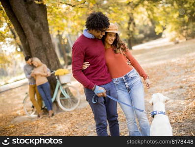 Multiracial couple walking with dog in yellow autumn park