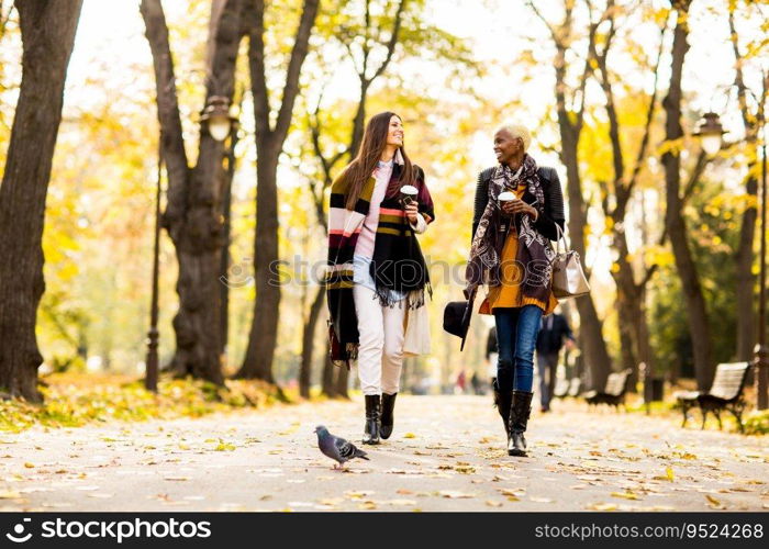 Multiracial female friends walking in teh autumn park