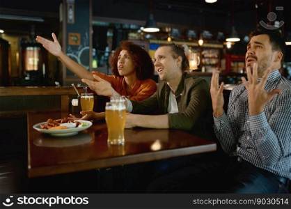 Multiracial football fans frustrated by failed bad team sport result drinking beer in pub restaurant together. Upset young people disappointed by team losing match watching game in sport bar