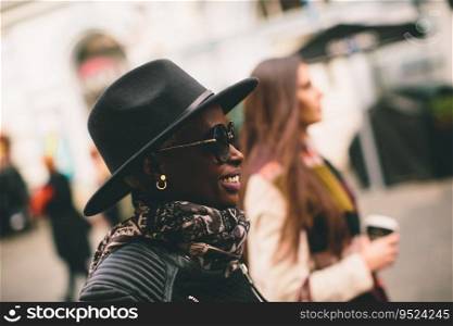 Multiracial modern women walking in the town