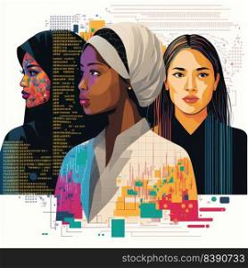 Multiracial women computer engineering expert. Illustration of working businesswomen from different continents. Generative AI