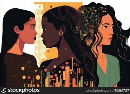 Multiracial women computer engineering expert. Illustration of working businesswomen from different continents. Generative AI