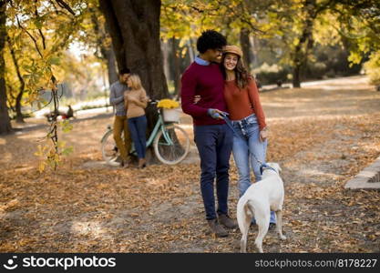 Multiracial young couple walking with dog in autumn park