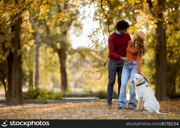 Multiracial young couple walking with dog in autumn park