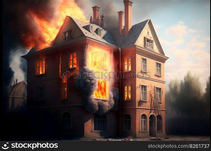 Multistorey residental or office building on fire. Neural network AI generated art. Multistorey residental or office building on fire accident. Neural network generated art