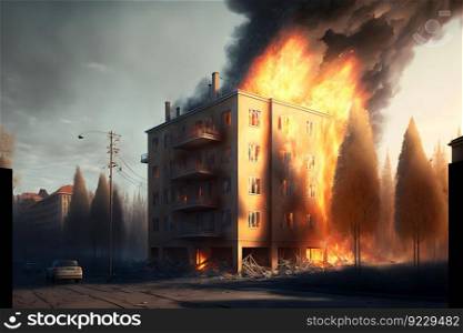 Multistorey residental or office building on fire. Neural network AI generated art. Multistorey residental or office building on fire accident. Neural network generated art