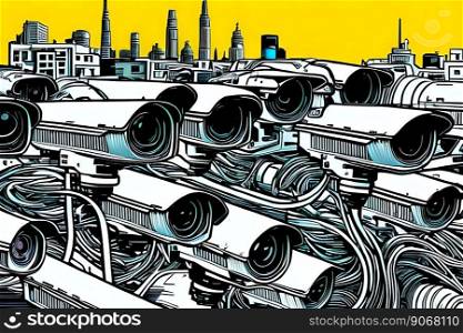 Multitude of CCTV cameras and city skyline. Comic book style. Generative AI