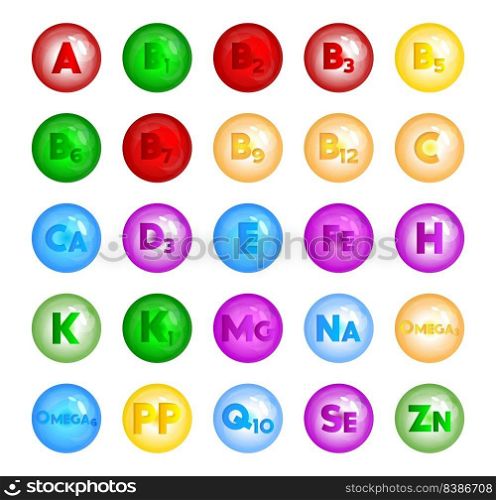 Multivitamin, Vitamin and minerals Vector icon collection. Vitamin A, B1, B2, B3, B5, B6, B7, B9, B12, C, Ca, D3, E, Fe, H, K, K1, Mg, Na, Omega3, Omega6, PP, Q10, Se, Zn icons set.