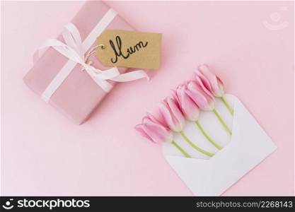 mum inscription with tulips envelope gift box