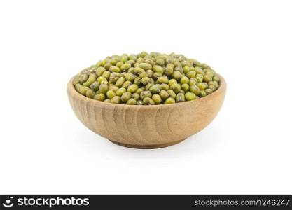 Mung beans in wood bowl isolated on white background with clipping path