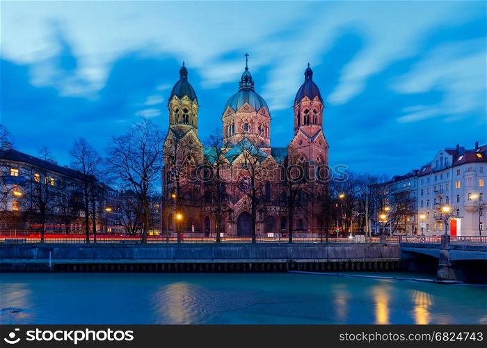 Munich. Church of St. Luke.. Church of St. Luke in the night illumination. Munich. Bavaria