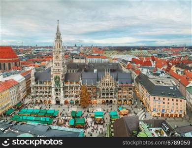 MUNICH - NOVEMBER 30: Aerial view of Marienplatz on November 30, 2015 in Munich. It's the 3rd largest city in Germany, after Berlin and Hamburg, with a population of around 1.5 million.