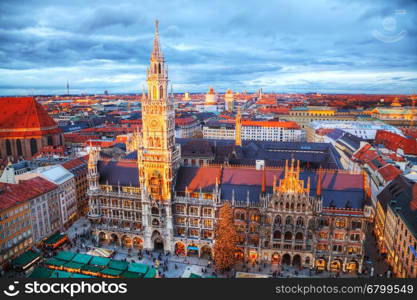 MUNICH - NOVEMBER 30: Aerial view of Marienplatz on November 30, 2015 in Munich. It's the 3rd largest city in Germany, after Berlin and Hamburg, with a population of around 1.5 million.