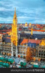 MUNICH - NOVEMBER 30: Aerial view of Marienplatz on November 30, 2015 in Munich. It's the 3rd largest city in Germany, after Berlin and Hamburg, with a population of around 1.5 million.