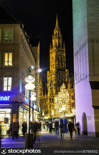MUNICH - NOVEMBER 30: Overview of Marienplatz with people on November 30, 2015 in Munich. It's the 3rd largest city in Germany, after Berlin and Hamburg, with a population of around 1.5 million.