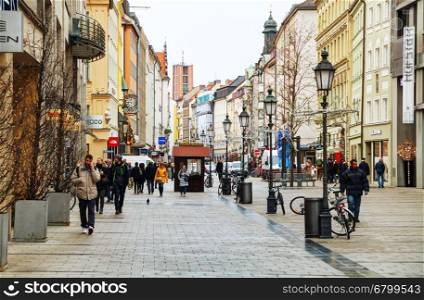 MUNICH - NOVEMBER 30: Sendlinger street crowded with people on November 30, 2015 in Munich. It's the 3rd largest city in Germany, after Berlin and Hamburg, with a population of around 1.5 million.