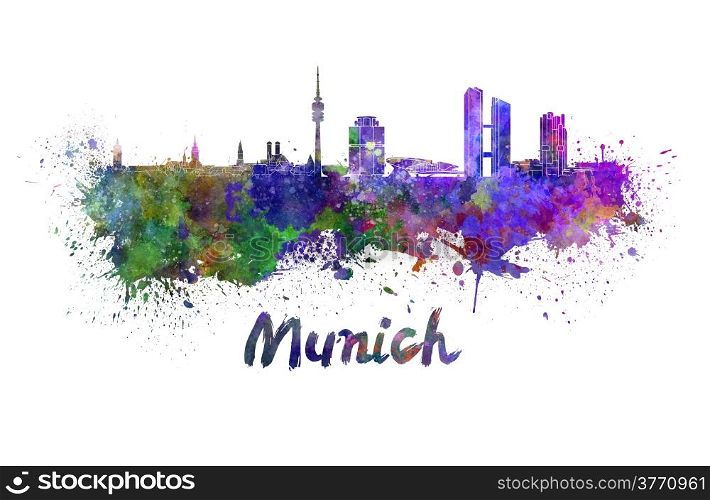 Munich skyline in watercolor splatters with clipping path. Munich skyline in watercolor