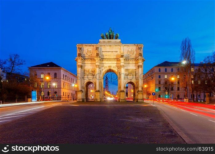 Munich. Triumphal Arch.. A triumphal arch Siegestor in the night illumination. Munich. Bavaria.