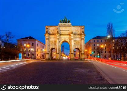 Munich. Triumphal Arch.. A triumphal arch Siegestor in the night illumination. Munich. Bavaria.